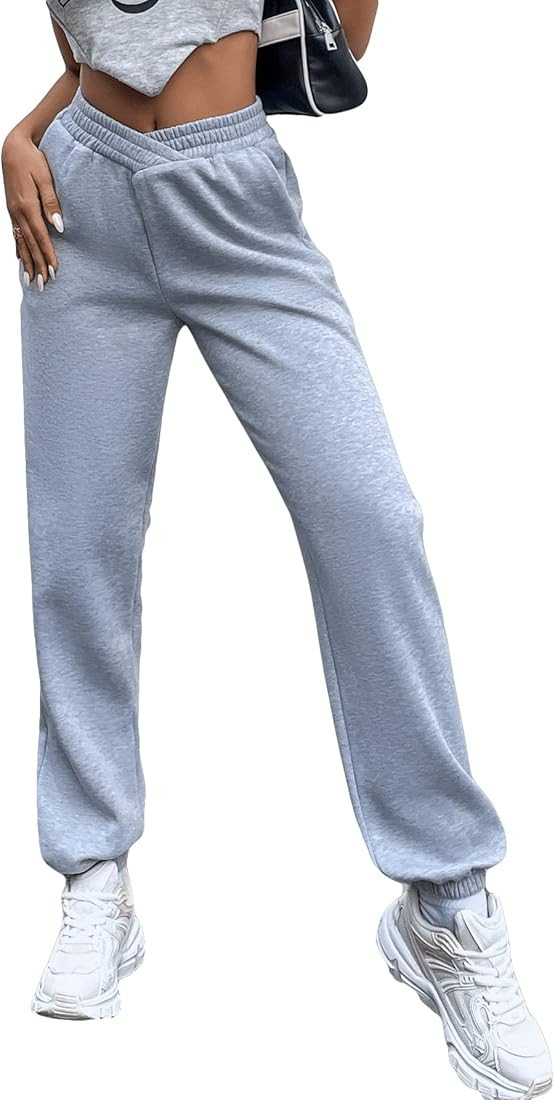 SweatyRocks Women's Asymmetrical High Elastic Waisted Solid Sweatpants Athletic Workout Joggers w... | Amazon (US)