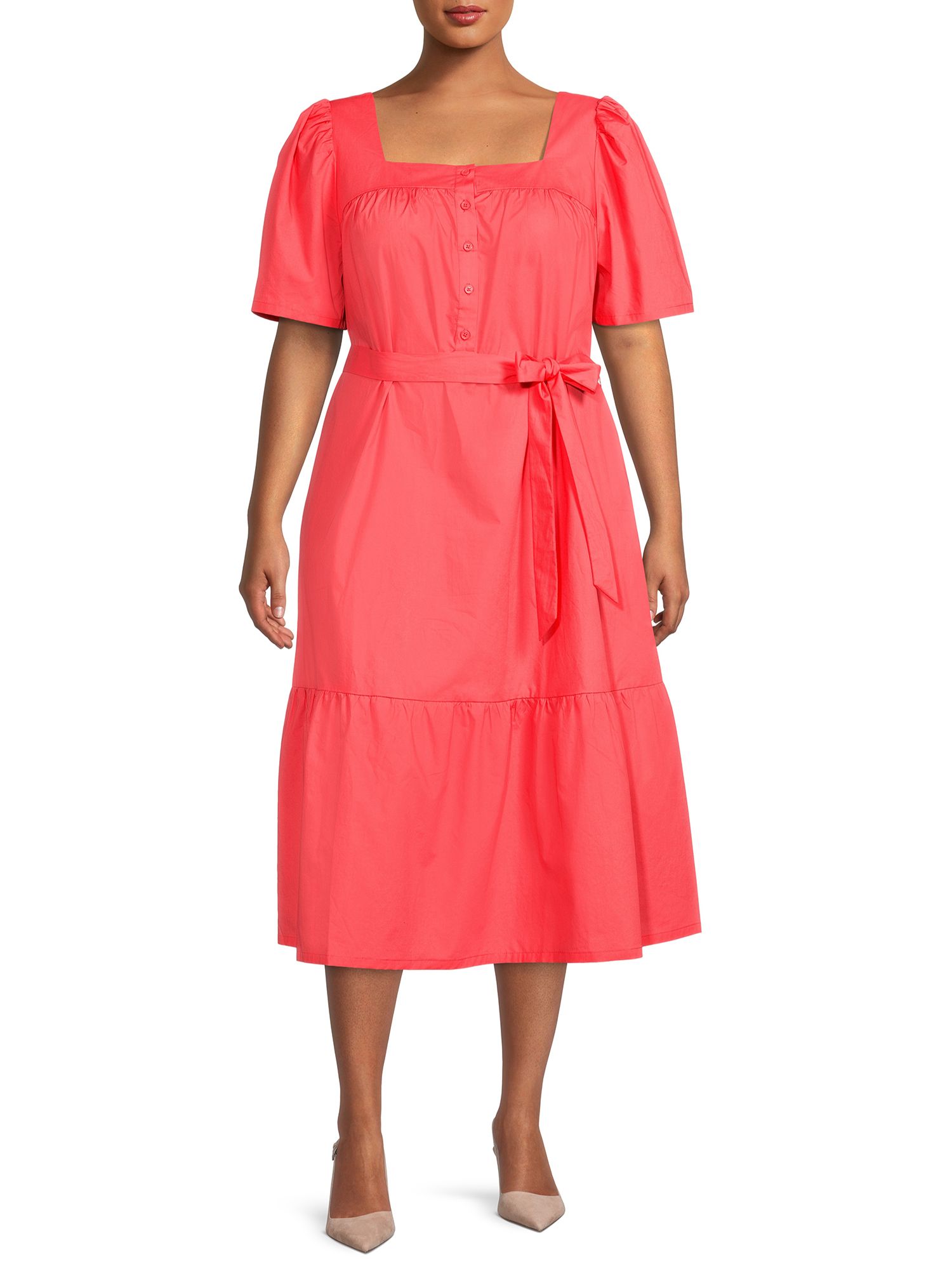 The Get Women's Plus Size Short Sleeve Midi Dress with Puff Shoulders - Walmart.com | Walmart (US)