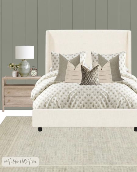 Bedroom decor, bedroom design ideas, bedroom mood board with cream and sage green tones #bedroom 
Wall color is SW Evergreen Fog

#LTKstyletip #LTKsalealert #LTKhome