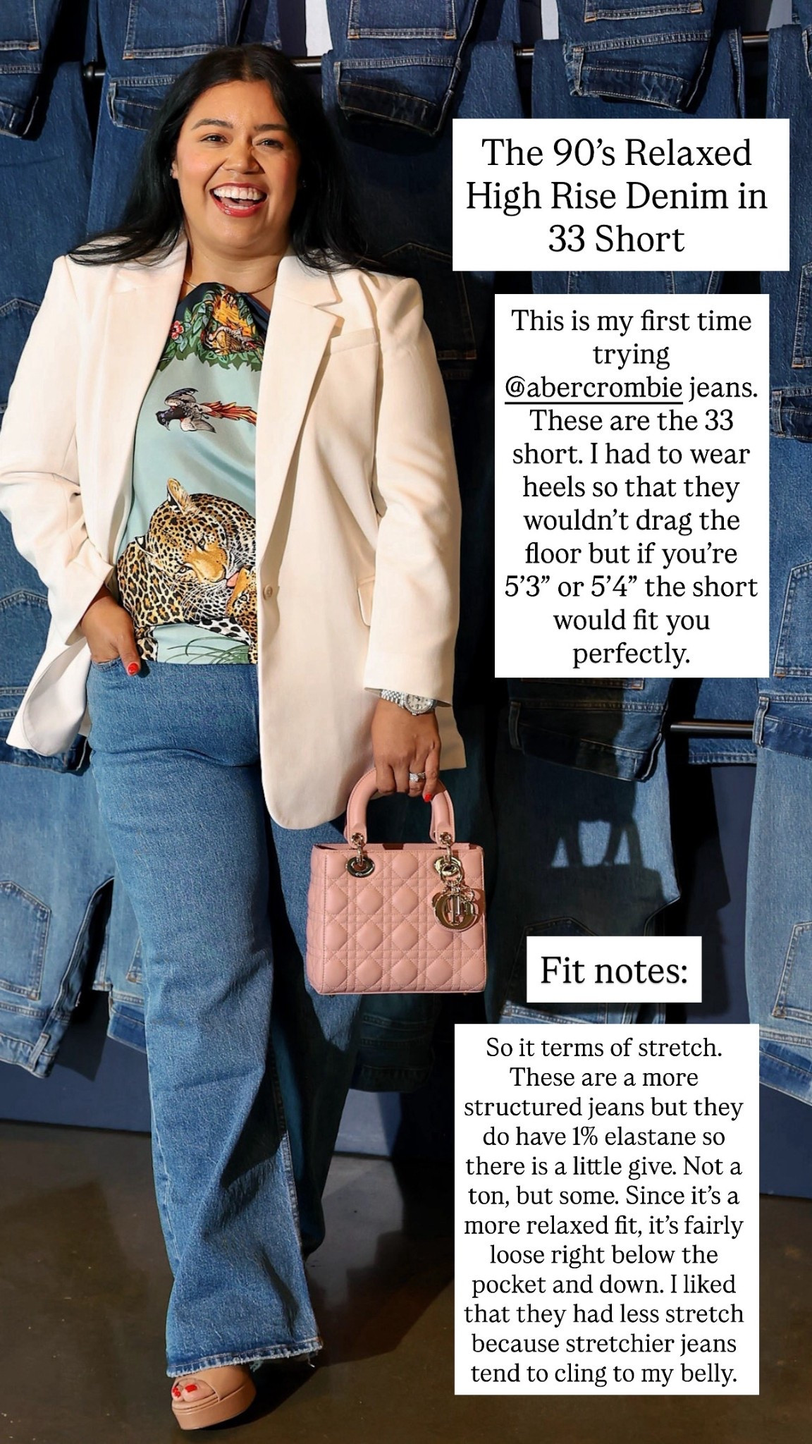 Abercrombie 90s High Rise Relaxed Fit Jeans 
I’m wearing the 33 short. I had to wear heels so that they wouldn’t drag the floor but if you’re 5’3” or 5’4” the short would fit you perfectly. 

So it terms of stretch. These are a more structured jeans but they do have 1% elastane so there is a little give. Not a ton, but some. Since it’s a more relaxed fit, it’s fairly loose right below the pocket and down. I liked that they had less stretch because stretchier jeans tend to cling to my belly. 

#LTKPetite #LTKMidsize #LTKPlusSize