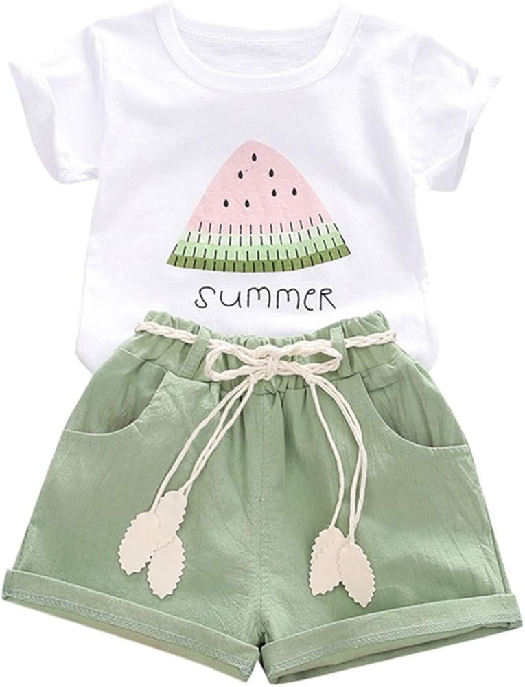 YOUNGER TREE Toddler Baby Girls Clothes Watermelon T-shirt + Linen Shorts with Belt Cute Summer S... | Amazon (US)
