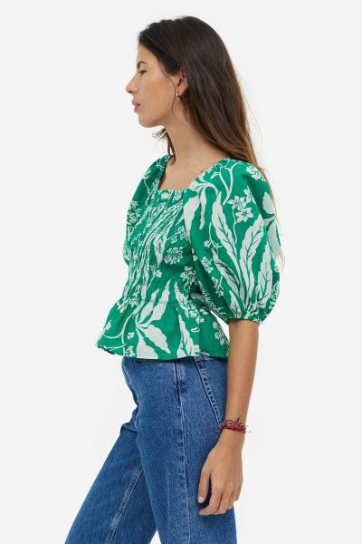 Smocked Blouse - Green/patterned - Ladies | H&M US | H&M (US + CA)