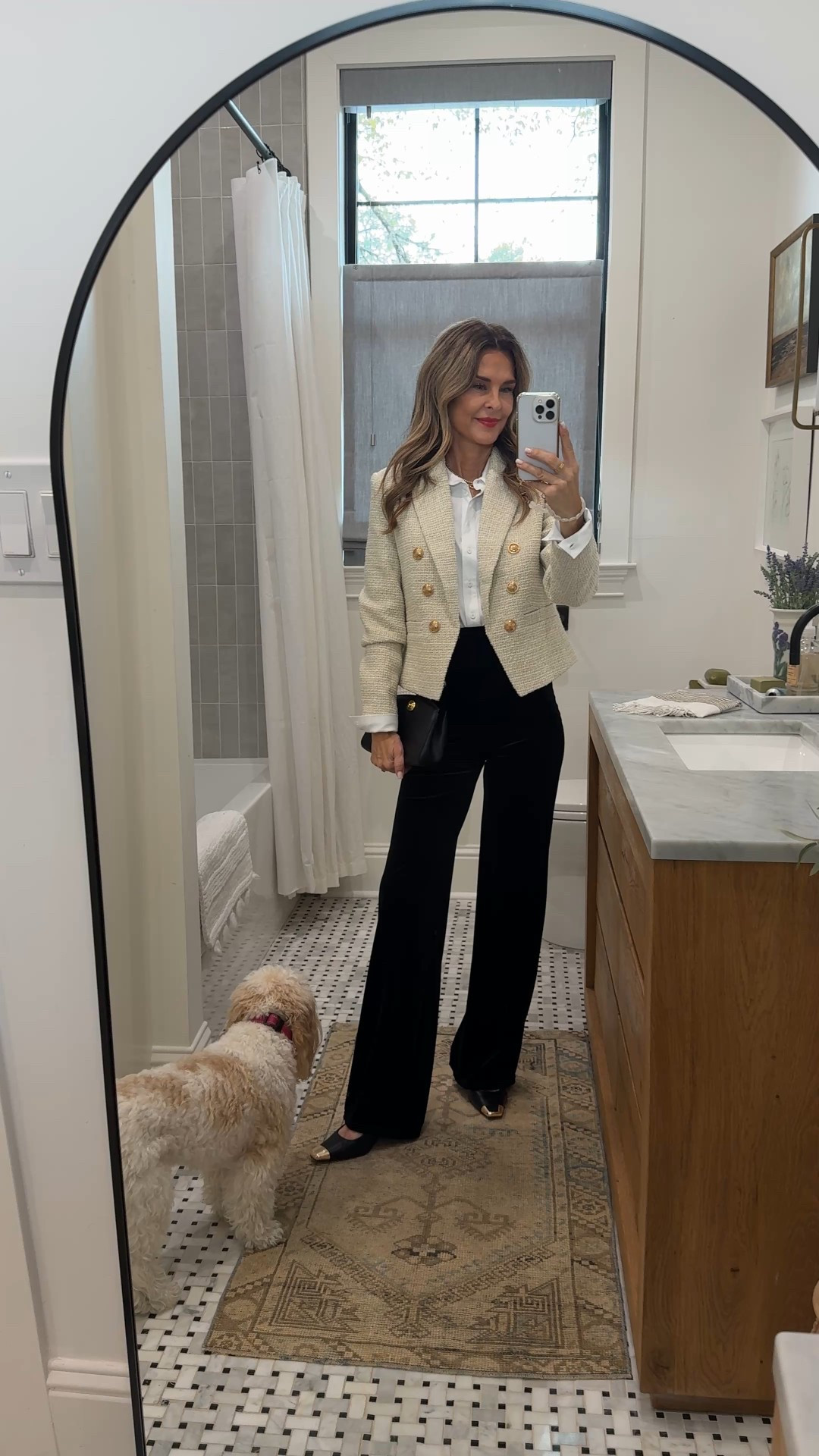 I’m 5’6”
-Velvet pants are smoothing and incredibly flattering! TTS(20% off) 
- Bodysuit fits like a glove TTS 
-Jacket is beautiful Discount Code TAMMY25
-heels TTS
-Favorite jewelry 
-Tweed blazer is beautiful TTS 

#LTKHoliday #LTKSaleAlert #LTKOver40