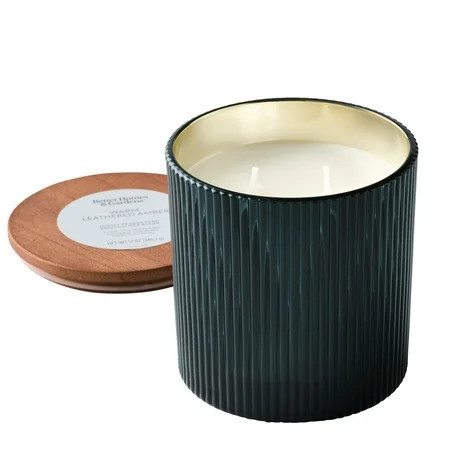 Better Homes & Gardens Warm Leathered Amber Scented 2 Cotton Wicks Ribbed Mercury Glass Jar Candle with Wooden Lid 12oz | Walmart (US)