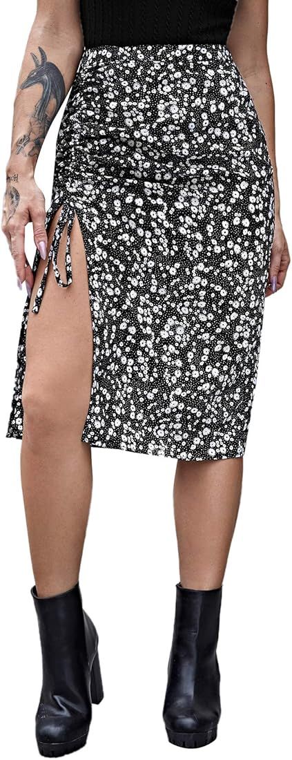 SweatyRocks Women's Casual High Waist Boho Printed Side Split A-Line Midi Skirt | Amazon (US)