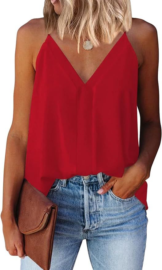 miduo Womens V Neck Strappy Tank Tops Loose Casual Sleeveless Shirts Blouses | Amazon (US)