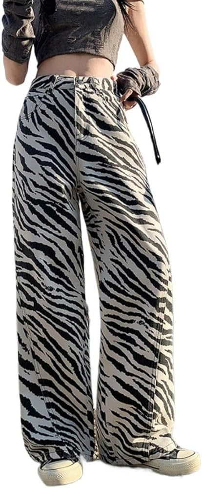 Women's Tiger Print Pants High Waist Wide Leg Trouser Y2K Casual Pants with Pockets Baggy Jeans | Amazon (US)