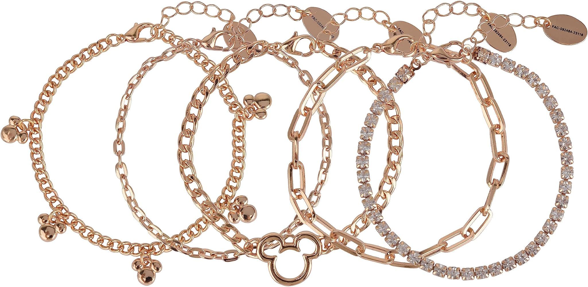 Disney Mickey Mouse 5 Piece Silhouette Chain Link Bracelet, Jewelry Gift Box, Gold Tone Enamel wi... | Amazon (US)