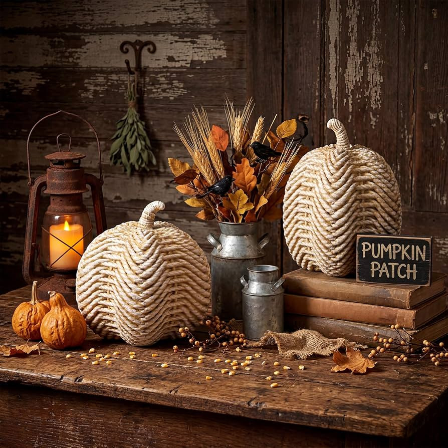 Yookeer 2pcs Rustic Resin Fall Pumpkins Decor Vintage White Rattan Pumpkins for Decorating Farmho... | Amazon (US)