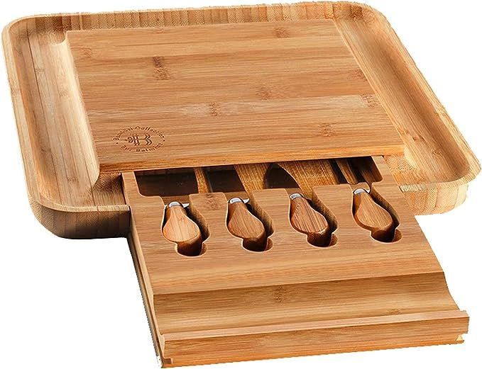 Bambusi Cheese Board and Knife Set - Premium Bamboo Wood Charcuterie Platter Serving Tray with Cu... | Amazon (US)