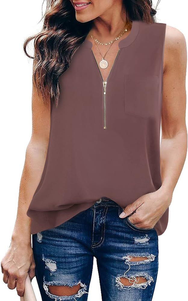 Timeson Women's Casual V Neck Sleeveless Tunics Blouses Chiffon Zipper Tank Tops | Amazon (US)