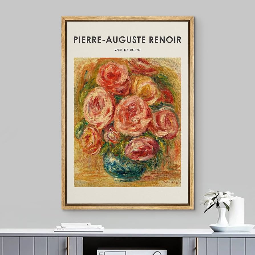 IDEA4WALL Framed Canvas Print, Wall Art Vase of Roses by Pierre-Auguste Renoir Nature Floral Illustrations Fine Art Traditional Colorful Vintage for Living Room, Bedroom, Office - 16"x24" Natural | Amazon (US)