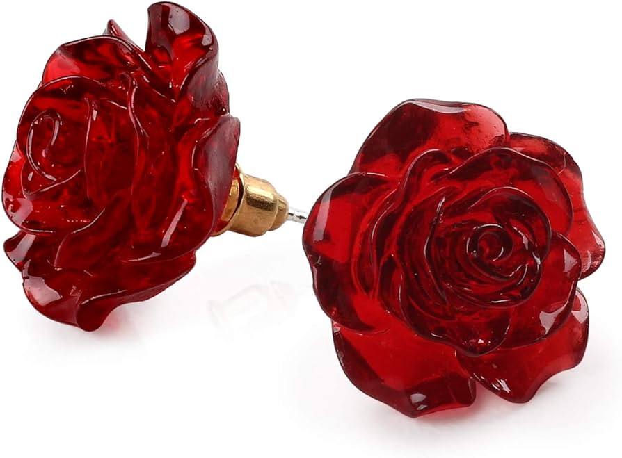 925 Sterling Silver Earrings Rose Flower, Pretty Blooming Carved Red Rose Dangle Earrings Tiny Re... | Amazon (US)