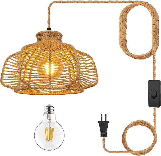 YIIZON Plug in Pendant Light Rattan Hanging Lights with Plug in Cord Bamboo Hanging Lamp, Handmad... | Amazon (US)