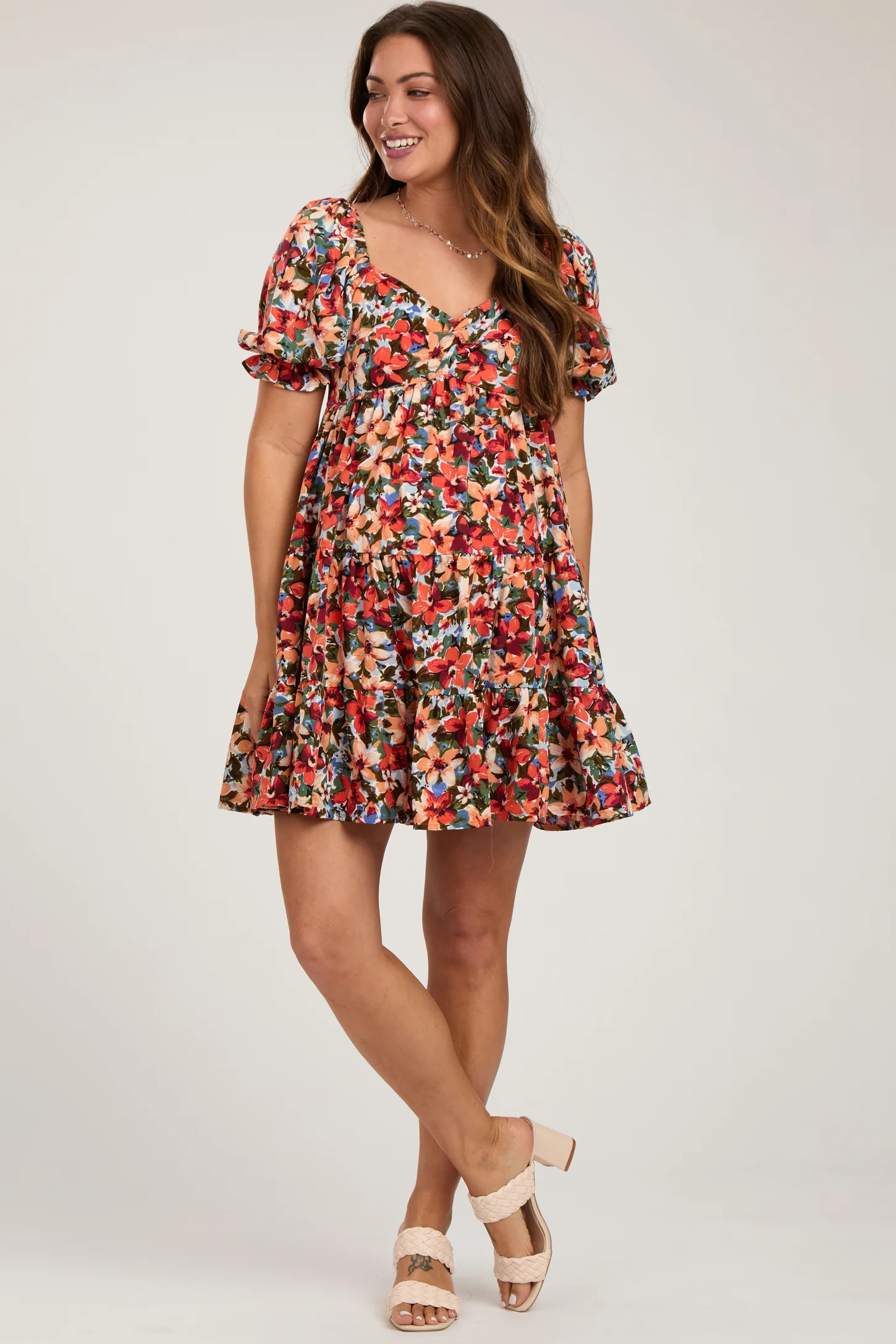 Orange Multi-Color Floral Puff Sleeve Ruffle Hem Maternity Dress | PinkBlush Maternity