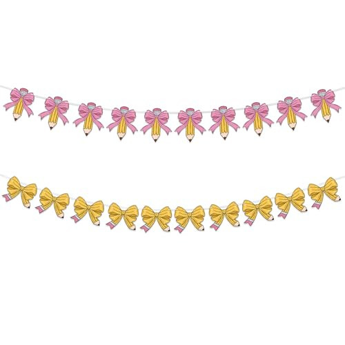 Haooryx Teacher Pencil Bow Banner Garland - 2Pcs First Day of School Yellow Pencil Pink Bow Hanging Banner Pre-Strung Back to School Party Garland Decor for Kid Classroom Wall Photo Props Decor Supply | Amazon (US)