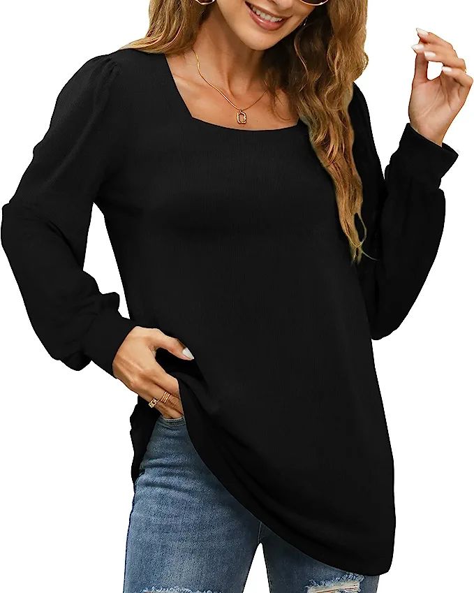 WIHOLL Womens Tops Casual Square Neck Puff Sleeve T Shirts Loose Fit | Amazon (US)