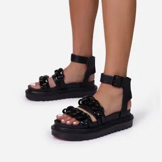 Lottie Chain Detail Chunky Sole Flat Gladiator Sandal In Black Faux Leather | EGO Shoes (US & Canada)