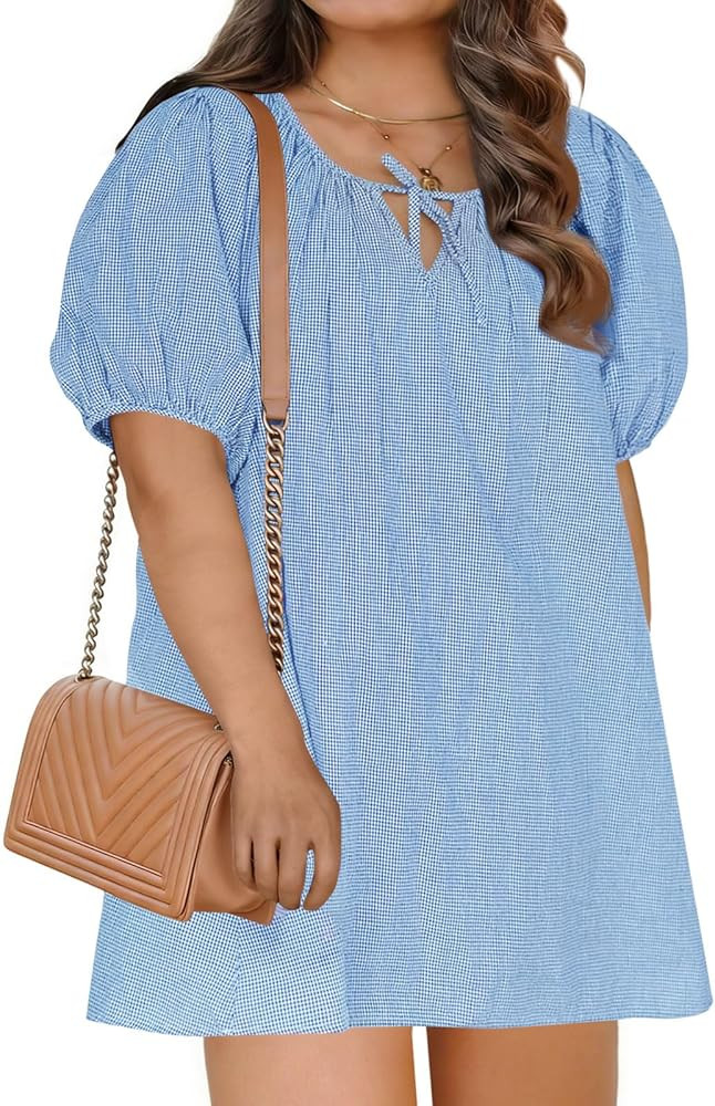 Beautife Women's Plus Size Dress Short Puff Sleeve Scoop Neck Gingham Plaid Short Cotton Babydoll... | Amazon (US)