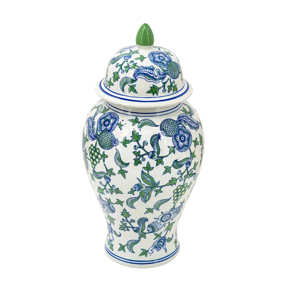 D10x20" Porcelain Ginger Jar with Elegant Blue and Green Cherry Blossom Motifs, Decorative Lidded... | Wayfair North America