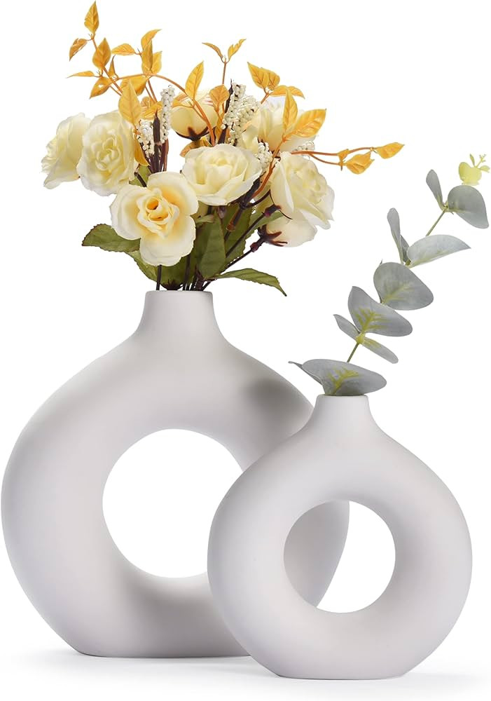 Whole Housewares Ceramic Vase - White Nordic Boho Donut Shape Decorative Vases - Circle Vase with... | Amazon (CA)