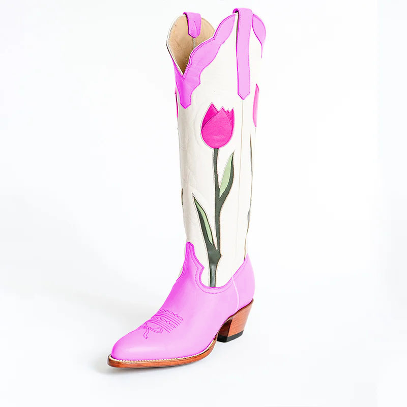 Tulip Embroidered Chunky Heel Knee High Cowgirl Boots in Purple | FSJshoes