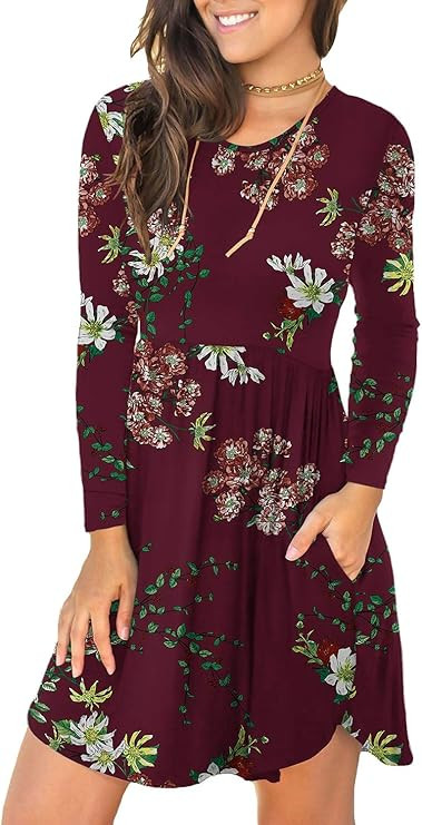 Unbranded* Women's Long Sleeve Loose Plain Dresses Casual Short Dress with Pockets | Amazon (US)