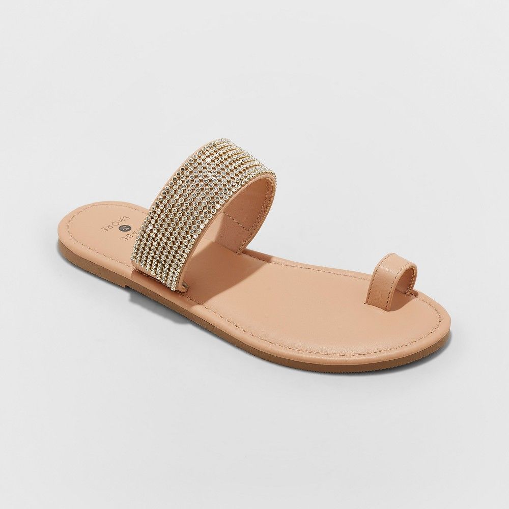 Women's Kaci Toe Ring Wide Width Embellished Slide Sandals - Shade & Shore Tan 5W, Size: 5 Wide | Target