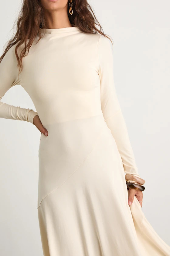 Corinne Cream Jersey Knit Mock Neck Midi Dress | Lulus