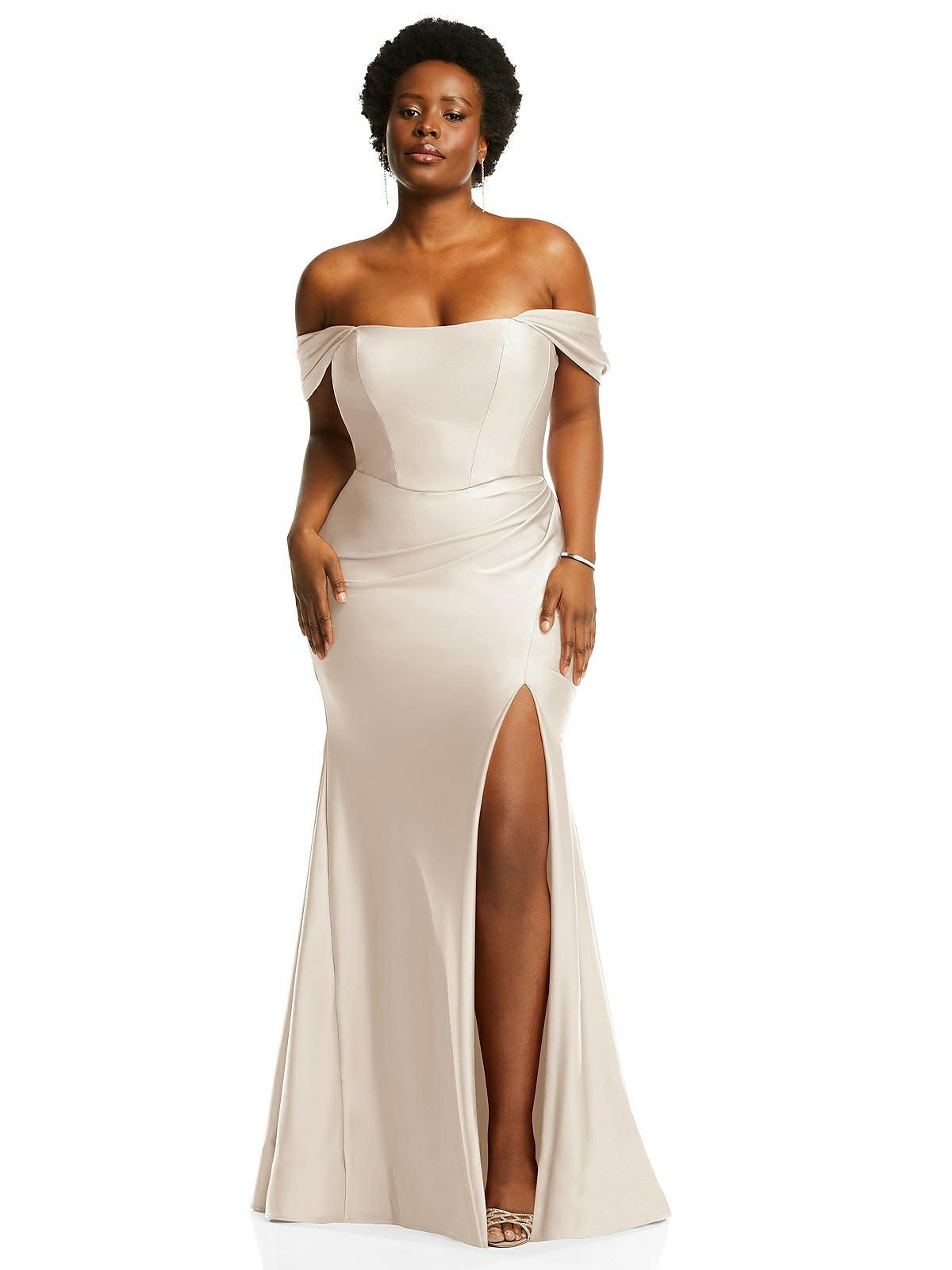Off-the-Shoulder Corset Stretch Satin Mermaid Dress with Slight Train in Oat | The Dessy Group