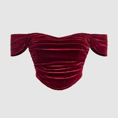 Plus Off Shoulder Ruched Mesh Corset Structure Top,Curve Tops,Concert Women Outfit,Christmas,Party Women Dresses,Christmas Outfits | SHEIN