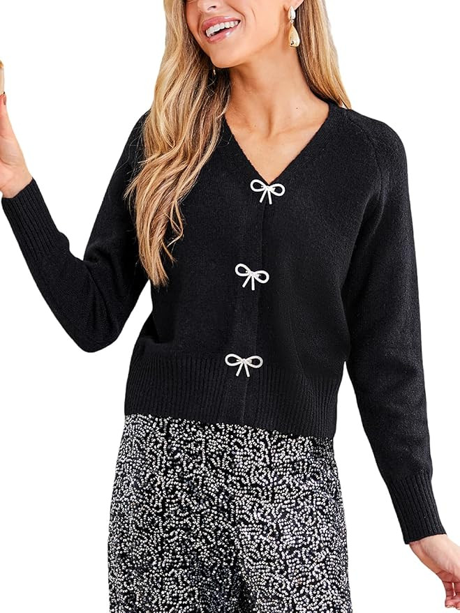 CUPSHE Women's Long Sleeve Bow Knit Cardigan V Neck Lightweight Open Front Sweater Fall Winter Ca... | Amazon (US)