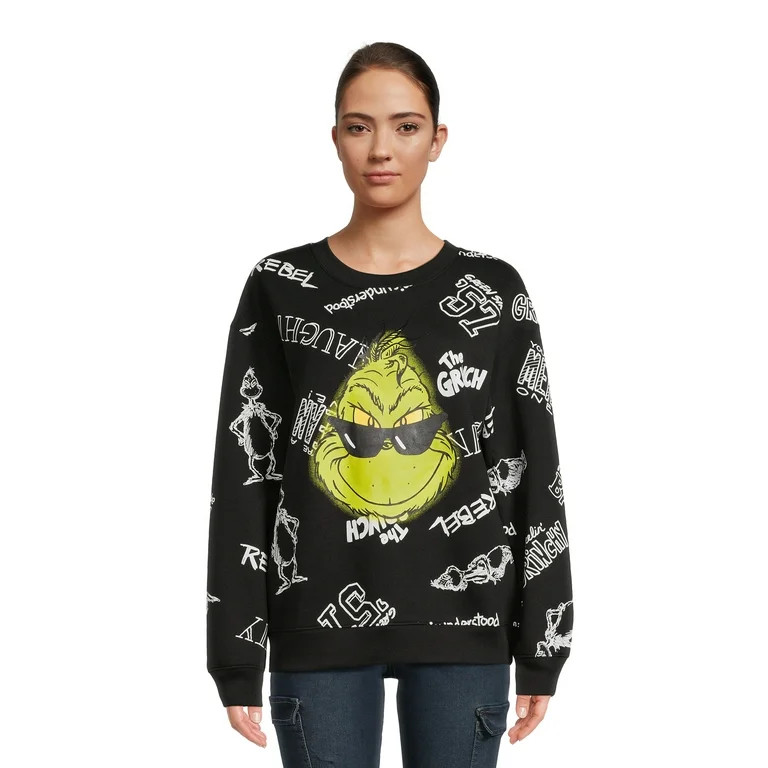 Dr. Seuss Grinch Face AOP Juniors Long Sleeve Fleece Sweatshirt, Sizes XS-XXXL | Walmart (US)