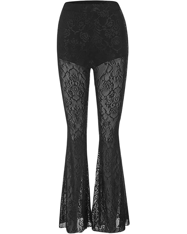 Verdusa Women's Floral Lace Sheer Pants See Through Flare Leg Y2K Pants Bell Bottoms | Amazon (US)