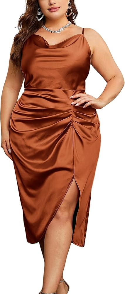 KIMCURVY Women's Plus Size Maxi Satin Spaghetti Strap Cowl Neck Party Cami Ruched Dress for Wedin... | Amazon (US)