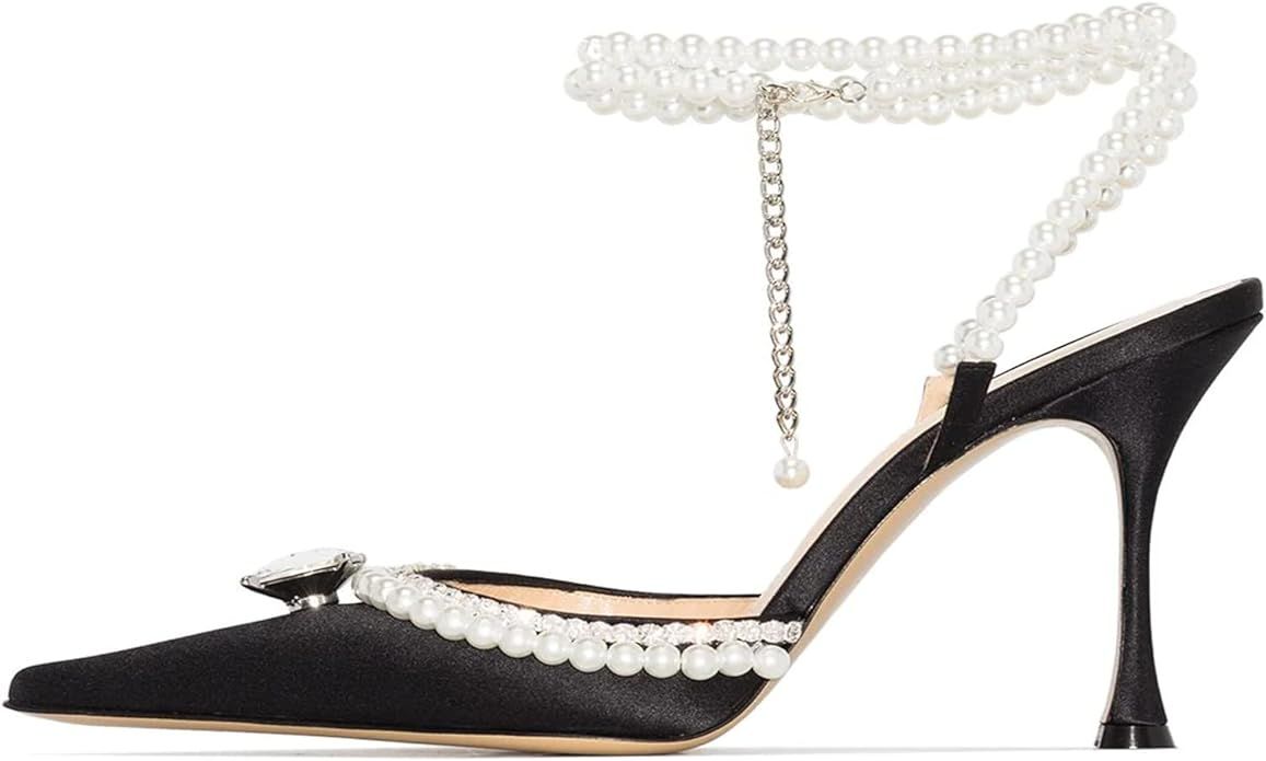AMARANTOS Women's Pointed Toe Fashion High Heel Slingback Shoes Sandals Ankle Strap Rhinestones S... | Amazon (US)