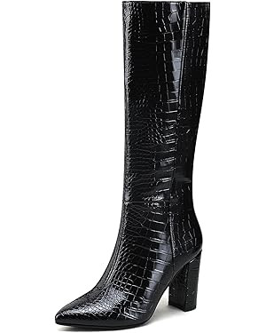 Modatope Knee High Women's Riding Boots - Tall, Long Calf High GoGo Chunky Faux Crocodile Boots -... | Amazon (US)