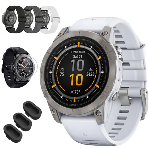 Garmin Epix Pro (Gen 2), 47mm, Sapphire, Titanium, Whitestone 010-02803-20 Bundle with Deco Essentials 3-Pack Nylon Elastic Bands, 3-Pack Silicone Dust Cover and Round Glass Screen Protector | Amazon (US)