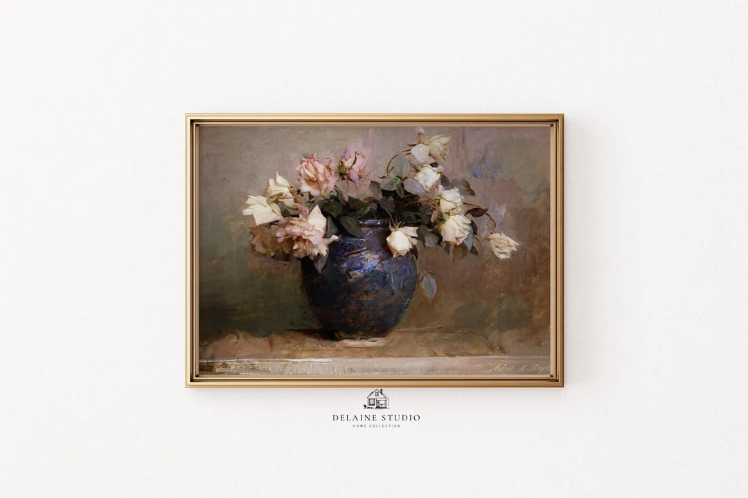 Vintage Charm Timeless Elegance Rose Still Life Oil Painting Floral Art, Shabby Chic Decor, Antiq... | Etsy (US)