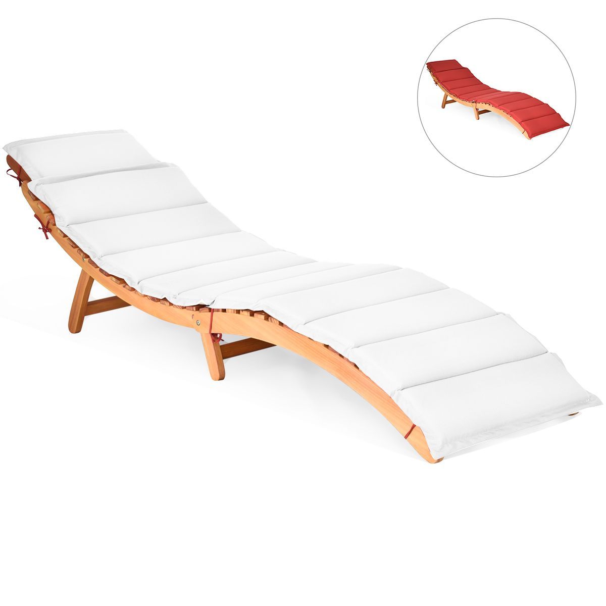 Costway Folding Wooden Outdoor Lounge Chair Chaise Red/White Cushion Pad Pool Deck | Target