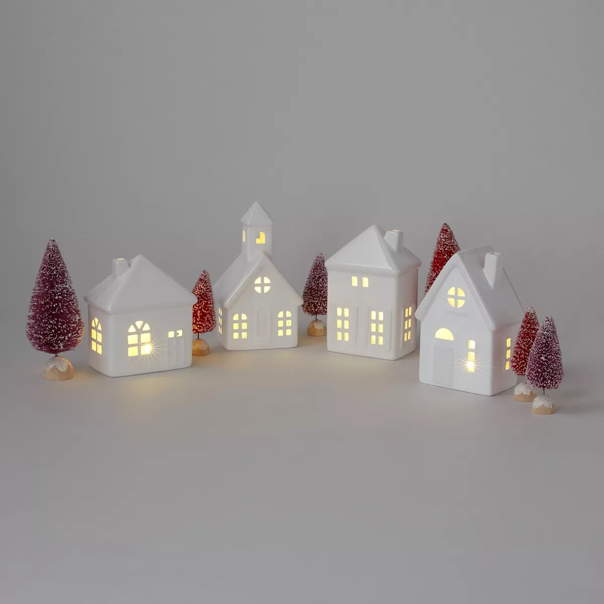 10pc Battery Operated Decorative Ceramic Christmas Village Kit White with Blush Trees - Wondersho... | Target