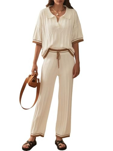 Tankaneo Women's 2 Piece Knit Lounge Sets Short Sleeve Sweater Lapel V Neck Tops Wide Leg Pants Tracksuit Outfits | Amazon (US)