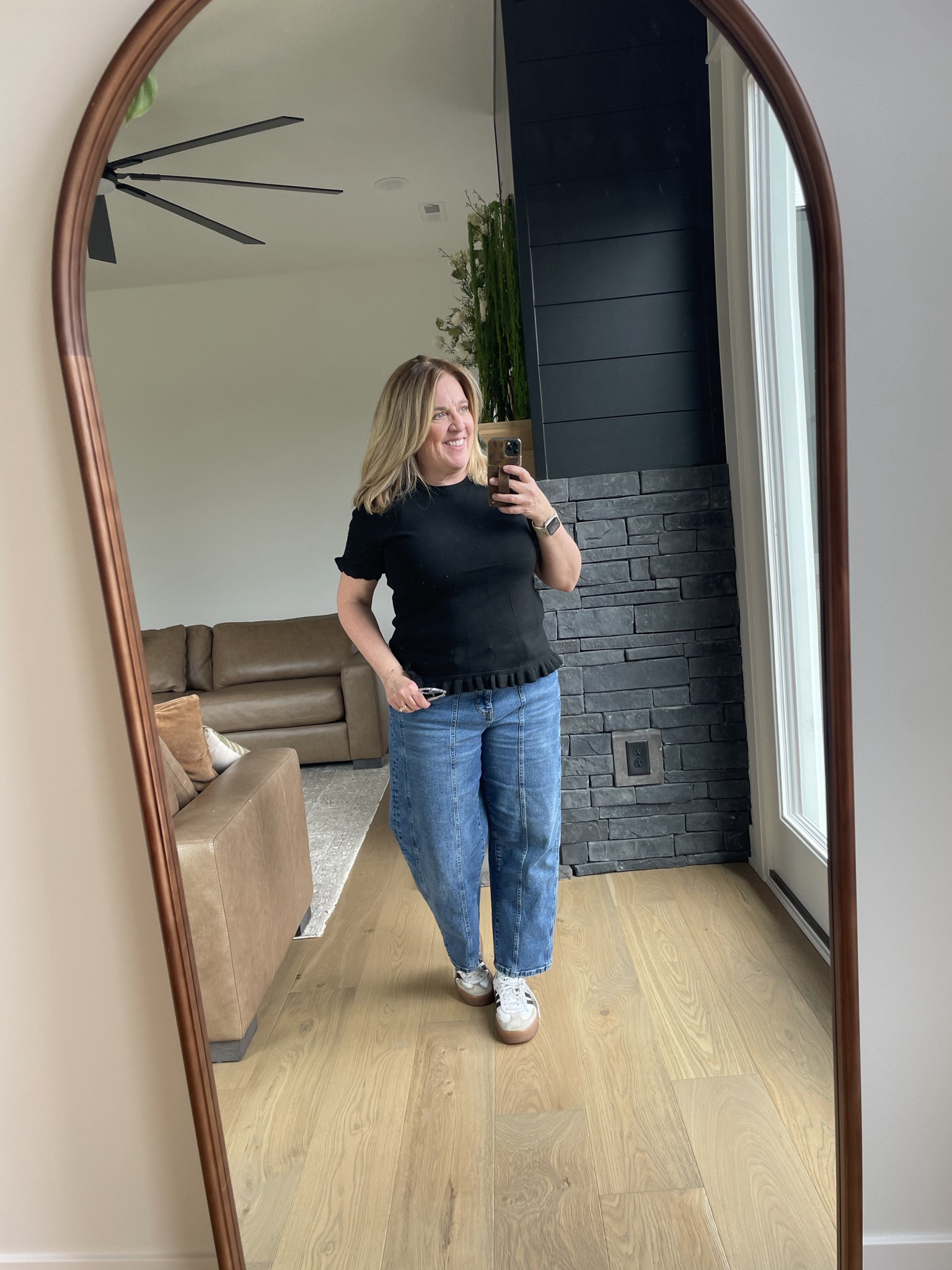 OOTD 50+
Short sleeve black sweater with ruffle sleeves and hem🤍

#LTKMidsize #LTKOver40 #LTKootd