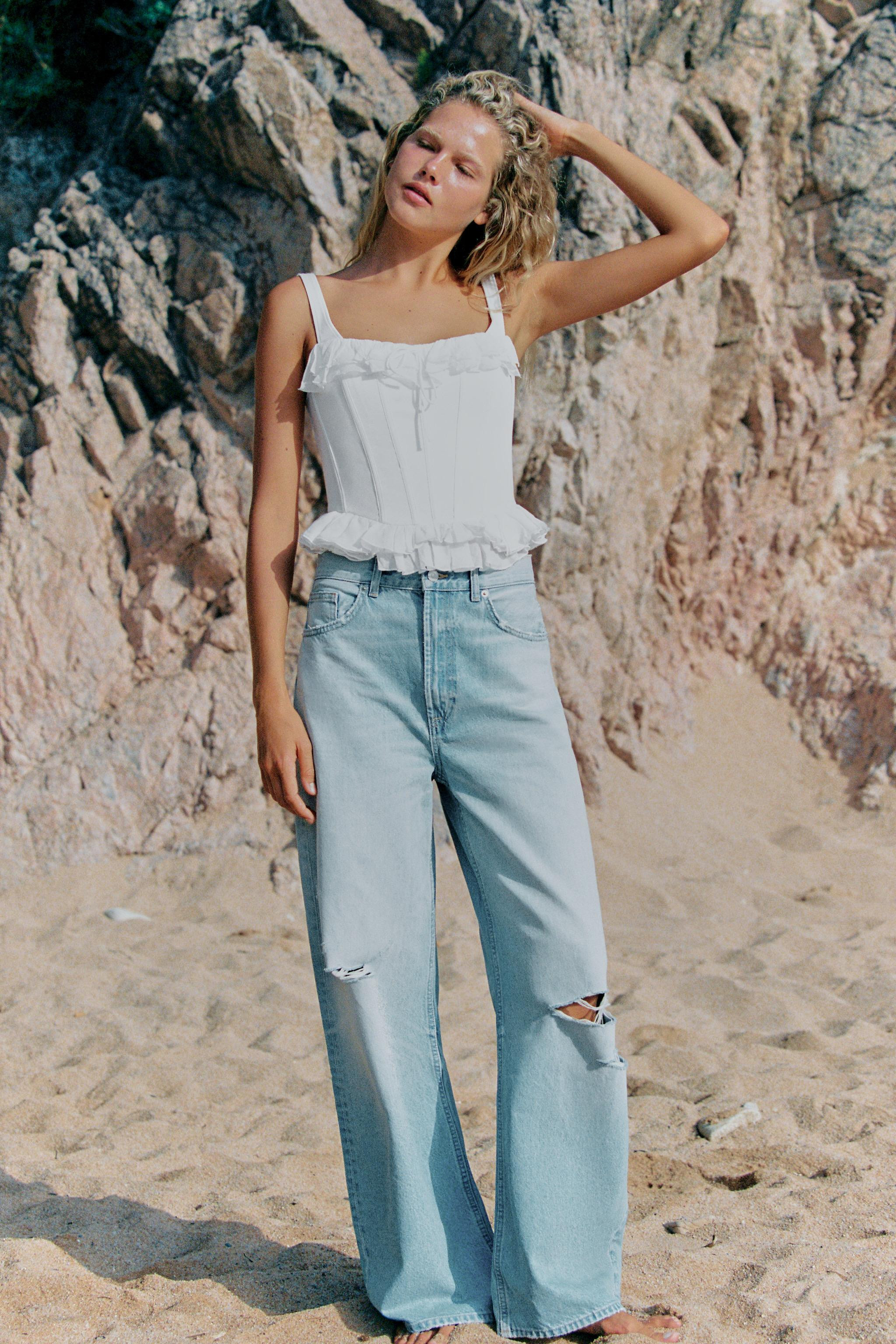 TRF HI-RISE EXTRA WIDE LEG RIPPED JEANS | Zara US