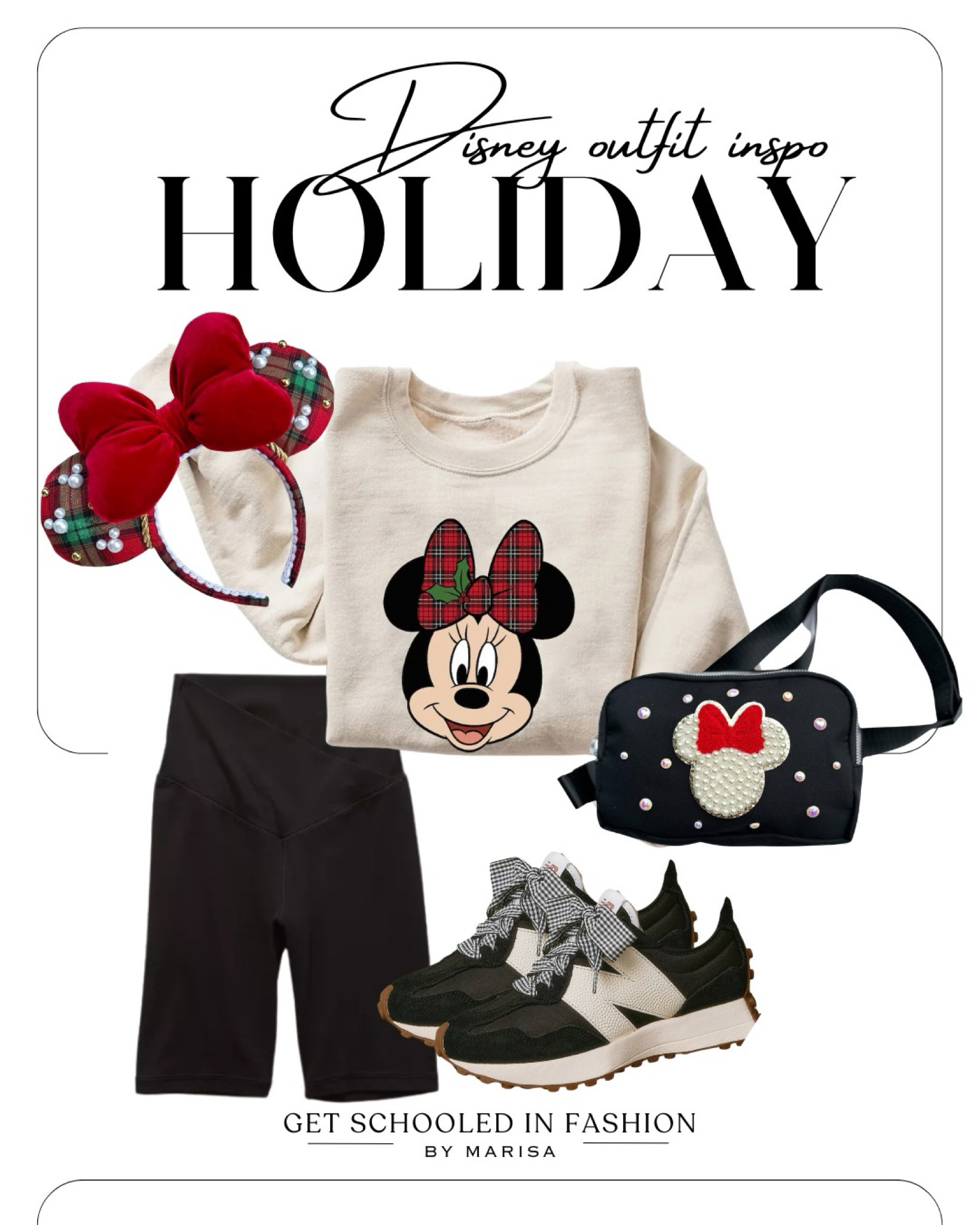 Disney holiday outfit idea featuring a festive Minnie Mouse sweatshirt paired with classic black biker shorts. Complete the look with comfortable sneakers, holiday-themed Minnie ears, and a crossbody bag or mini backpack for a stylish and practical park day ensemble.

#LTKFindsUnder50 #LTKStyleTip #LTKHoliday