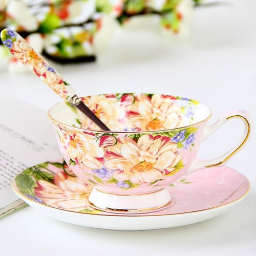 ONEUSTAR Tea Cup and Saucer Set for 1 Bone China Coffee Cup 7 oz Vintage Floral English Teacup for Women Tea Party Birthday Mother's Day Gift, Pink | Amazon (US)