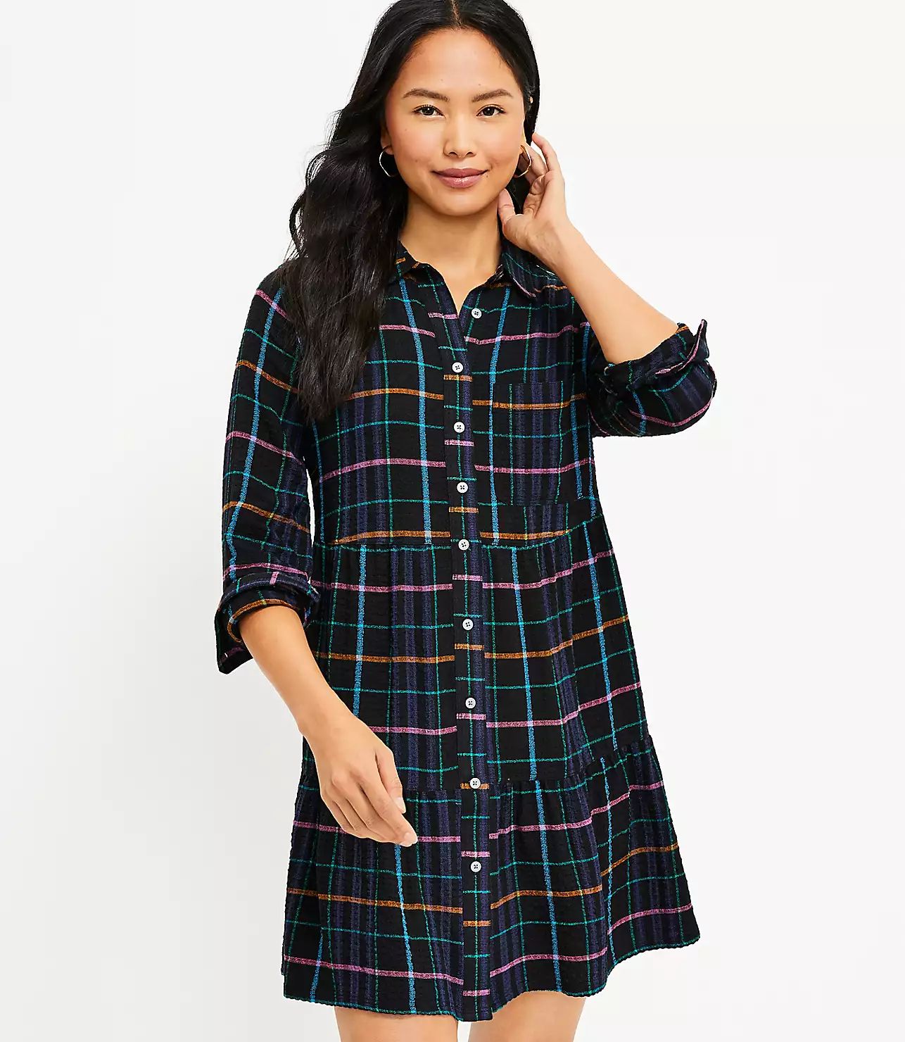 Plaid Tiered Pocket Shirtdress | LOFT