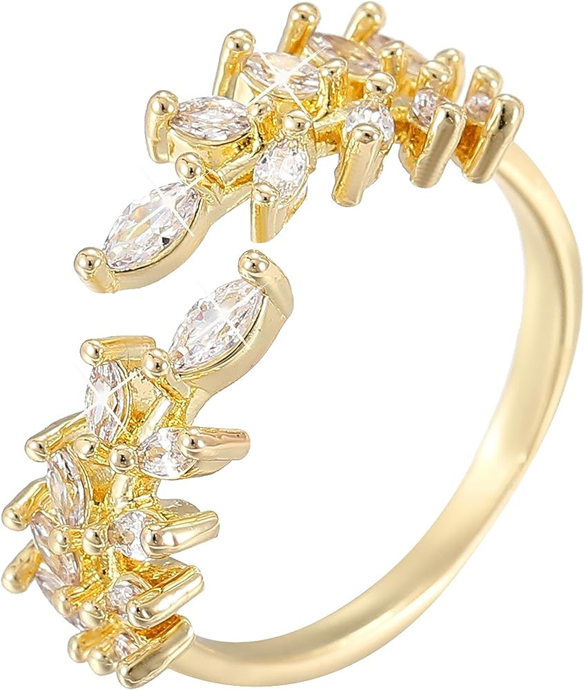 VOPIPO Adjustable 18k Gold Plated CZ Leaf Open Ring Dainty Double Cubic Zirconia Olive Branch Lea... | Amazon (US)