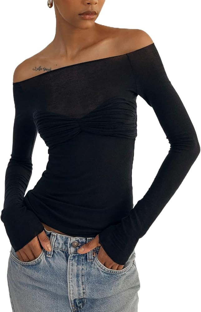 Women Y2k Off Shoulder Long Sleeve Tees Slim Fit Stretchy Top Solid Color Backless Tshirt Fashion... | Amazon (US)