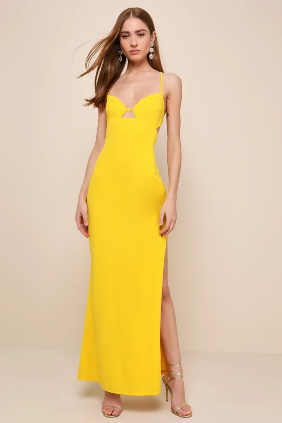 Incredibly Iconic Yellow Sleeveless Lace-Up Cutout Maxi Dress | Lulus